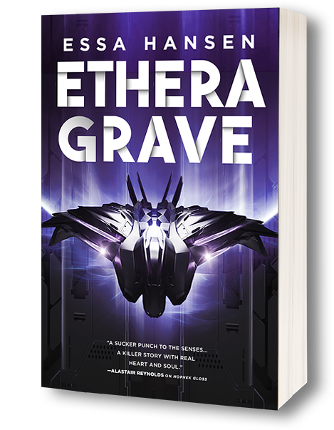 Ethera Grave book cover image showing a dark space ship backlit by purple
